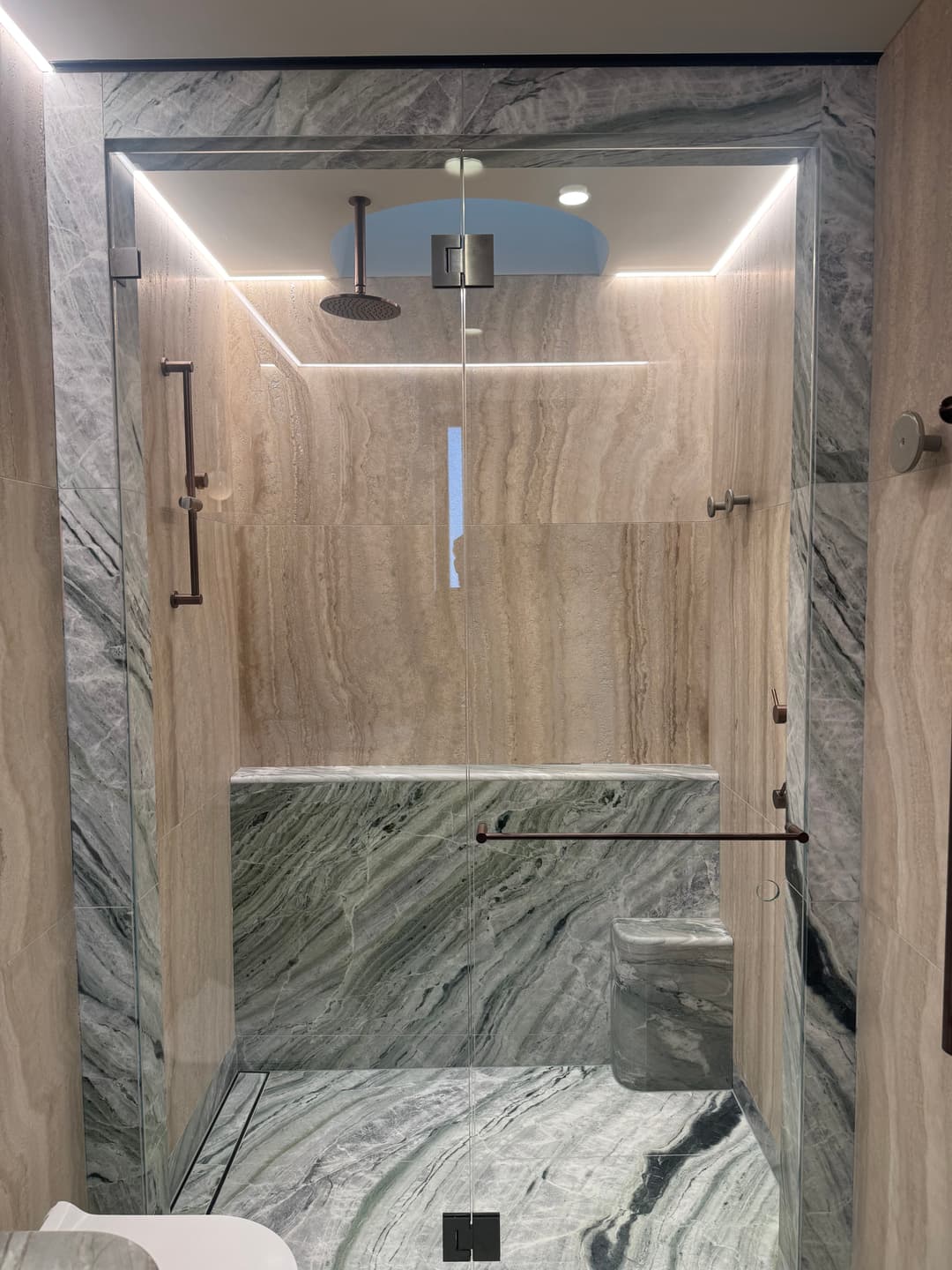 Complete marble bathroom renovation with professional caulking overview in Mosman