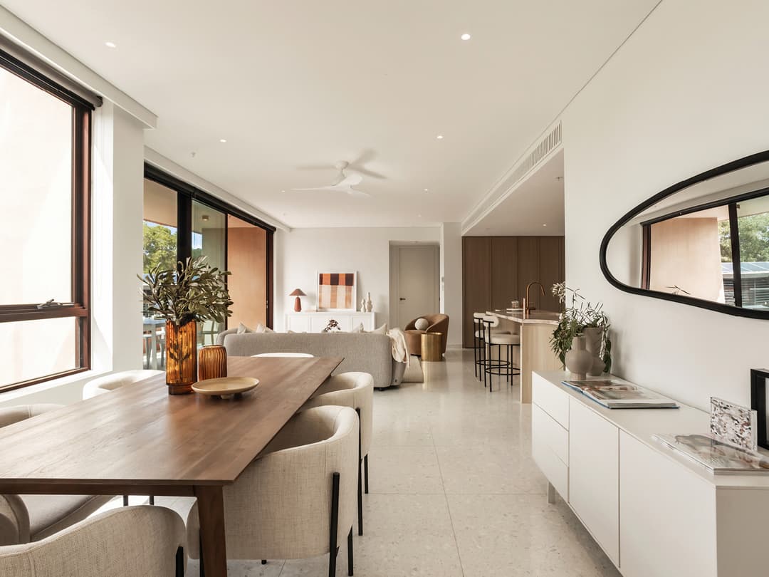 Open plan dining and kitchen with premium finishes